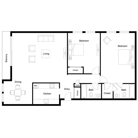 Floor plan for 2 beds, 2 baths, 1095 sqft